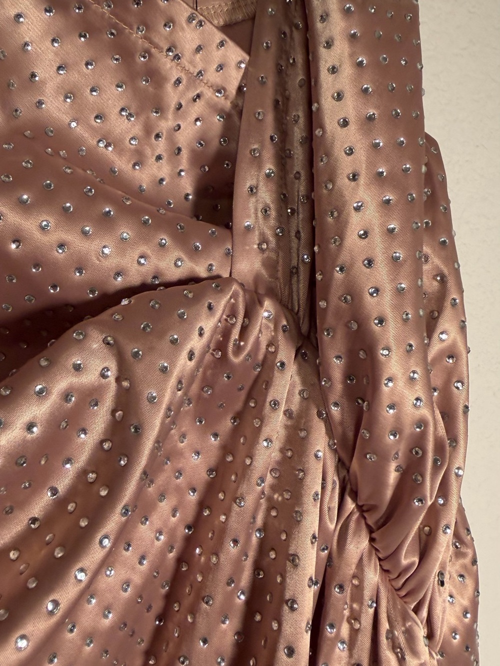 AKIRA Champagne Gold Rhinestone Strapless Ruched Maxi Dress - Picture 4 of 13